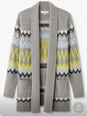 LOFT Gray Open Front Fair Isle Cardigan with Yellow & Blue Pattern